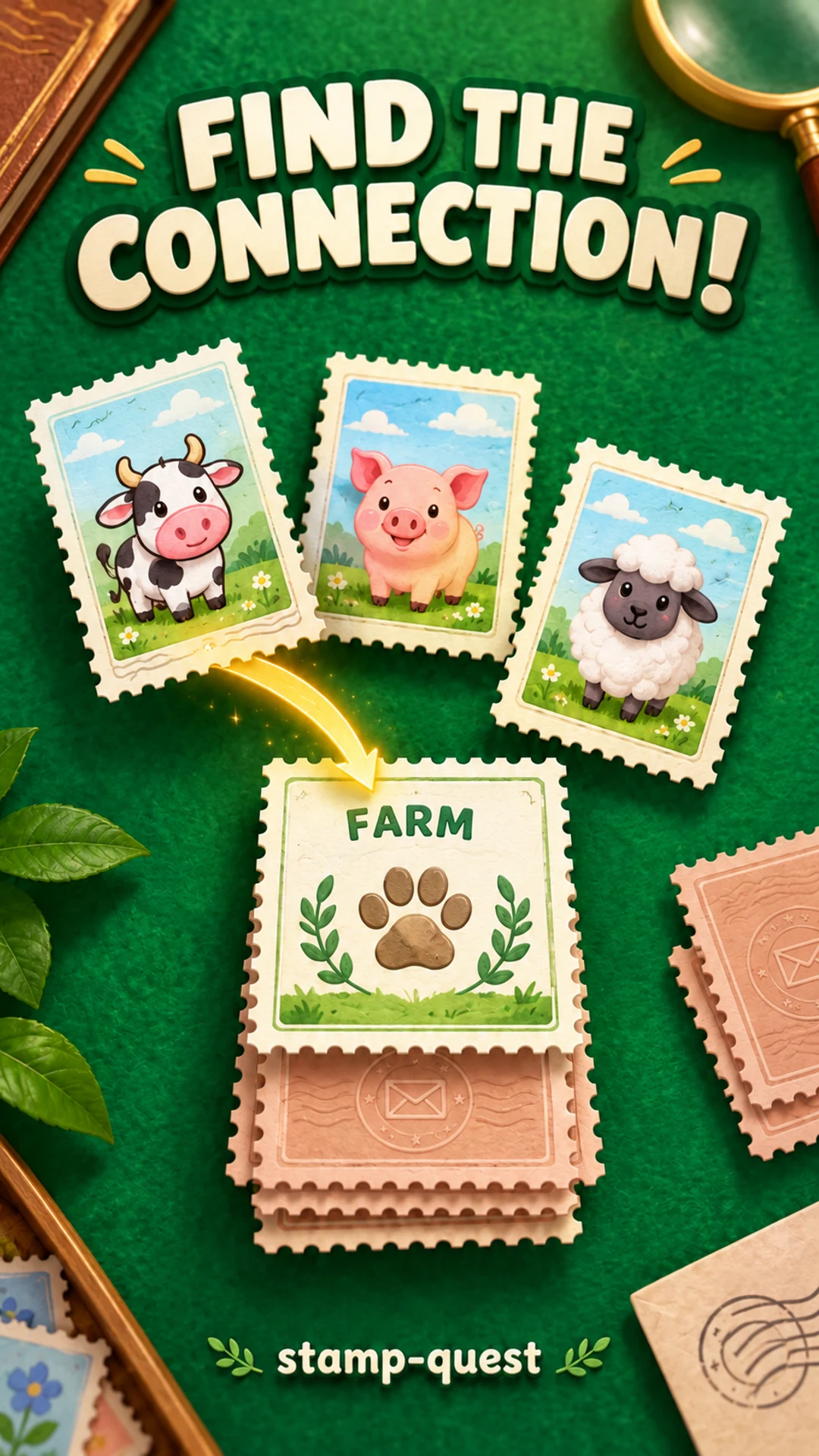 Promotional illustration of farm animal stamps sorting into one topic