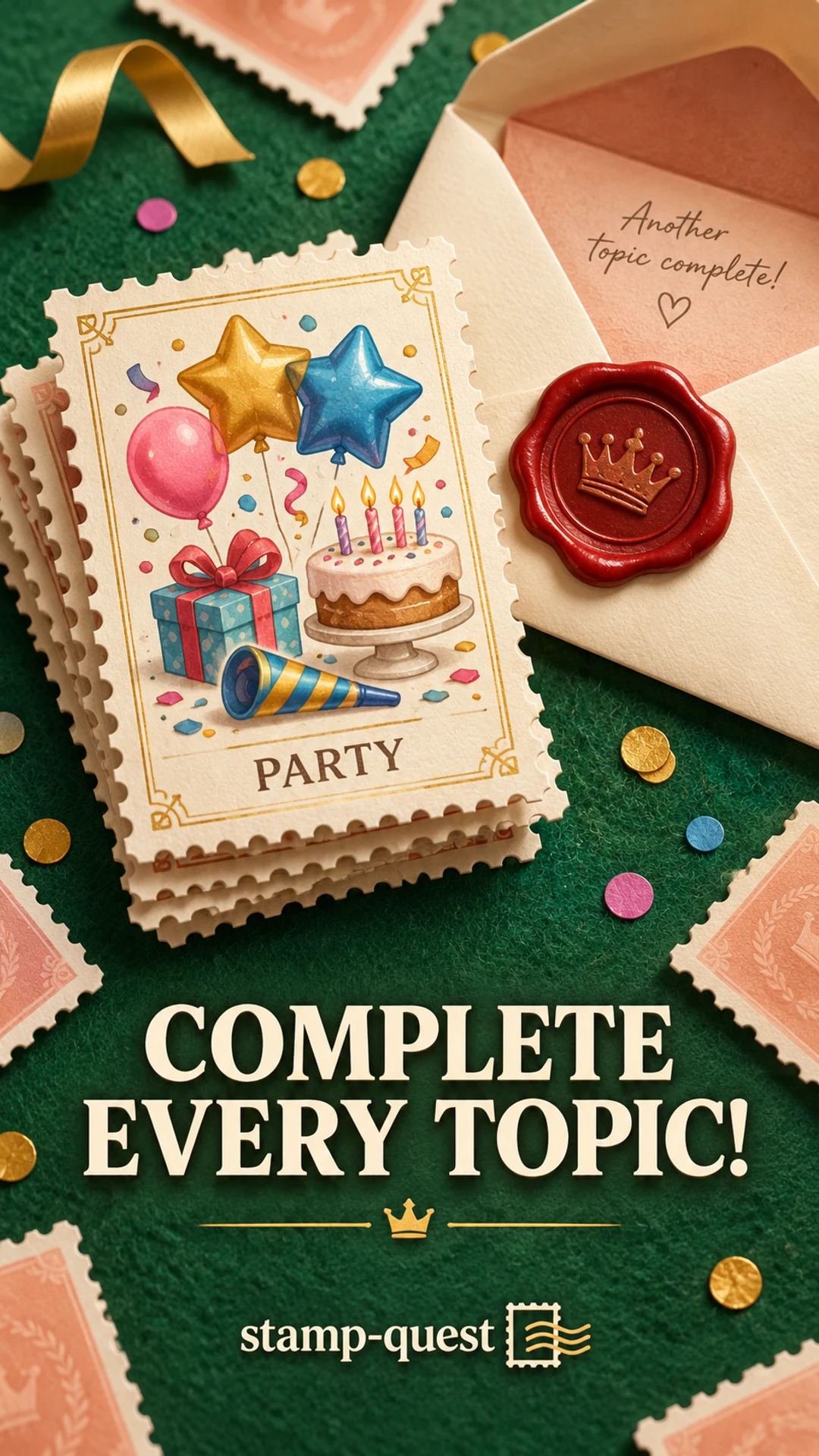 Promotional illustration of a completed party topic with envelope and wax seal